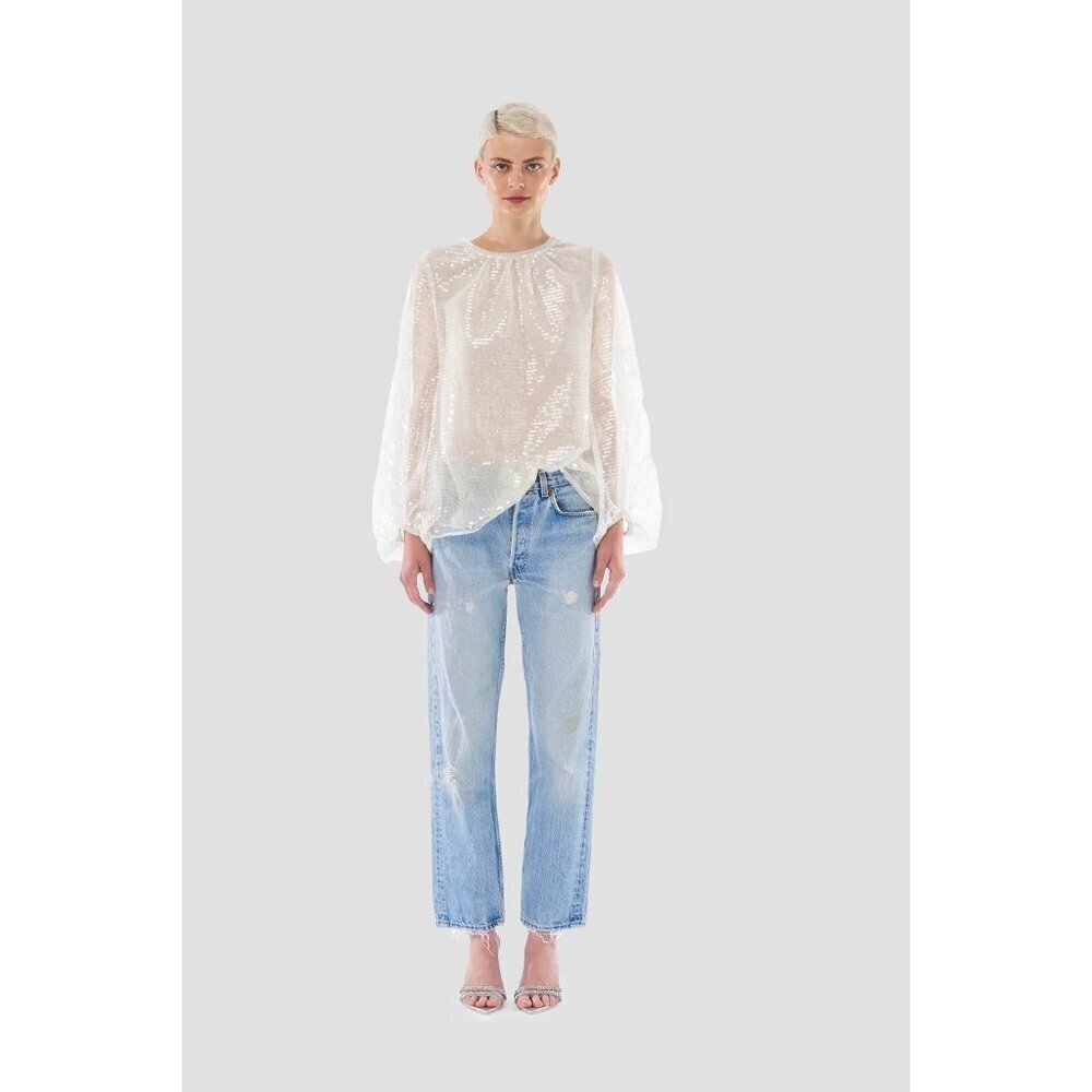 Le Superbe Sparkling Femme Sequin Sheer Blouse Sheer White Womens Size 2